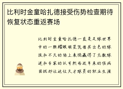 比利时金童哈扎德接受伤势检查期待恢复状态重返赛场 比利时金童哈扎德接受伤势检查期待恢复状态重返赛场